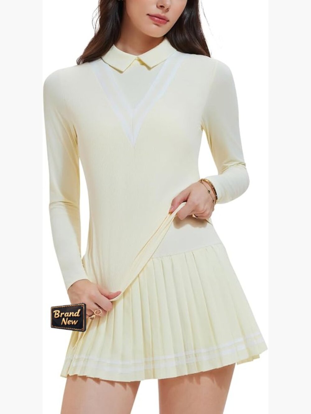 2 Piece Tennis Skirt Set Long Sleeve Polo Top & Pleated Skort